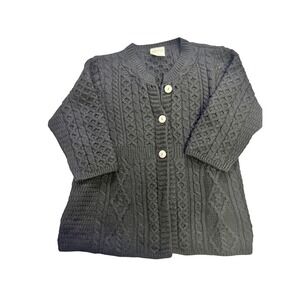 Kilronan Knitwear Merino Wool Cardigan Sweater Black Cable Knit L‎ Made Ireland